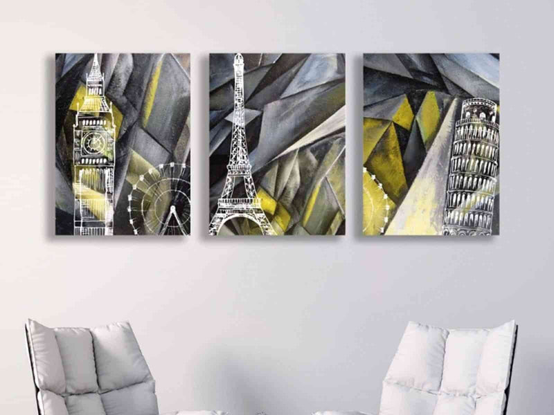 Yeni Stil Sanat Cıtıes - 3 Lü Set - Yağlı Boya Efektli Kanvas Tablo
