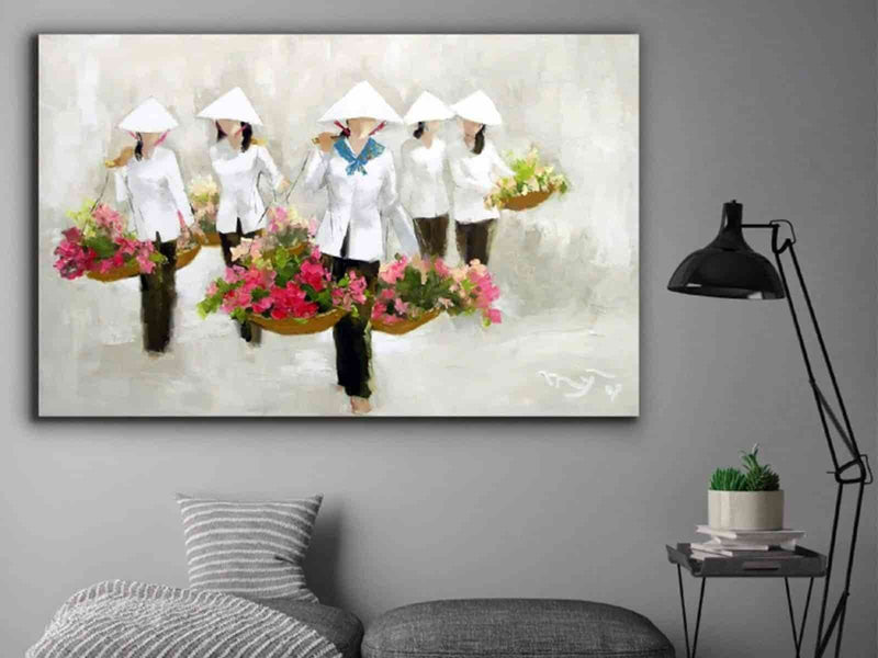 Yeni Stil Sanat Kanvas Tablo 50x80cm Vietnamlı Kadınlar - Yağlı Boya Efektli Kanvas Tablo