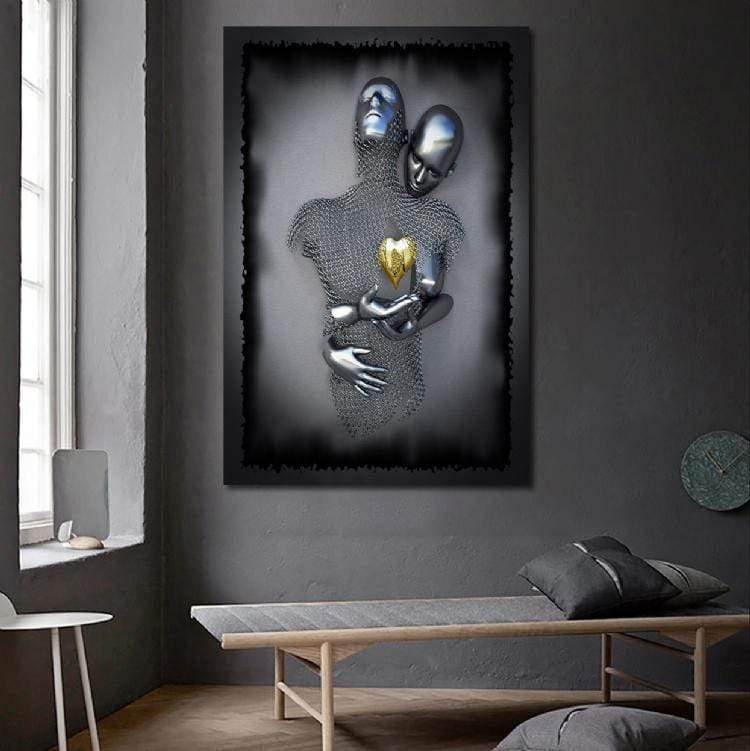 Yeni Stil Sanat Sim İşlemeli Tablolar 50x70 cm Eli Kalbimde Siyah Çerçeve Görümlü Sarı Kalp Kanvas Tablo Laminasyonlu Ve Sim İşlemeli Kanvas Tablo