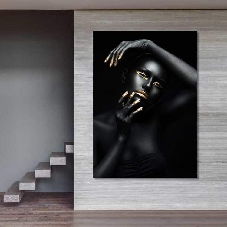 Yeni Stil Sanat Sim İşlemeli Tablolar 50x70 cm Thınkıng Black Beauty - Simli Kanvas Tablo Altın Sim İşlemeli Kanvas Tablo