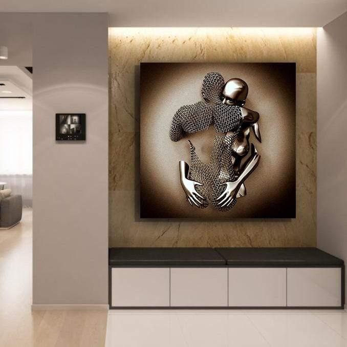 yeni stil sanat Sim İşlemeli Tablolar Bronze Hug - Simli Kanvas Tablo Bronz Sim İşlemeli