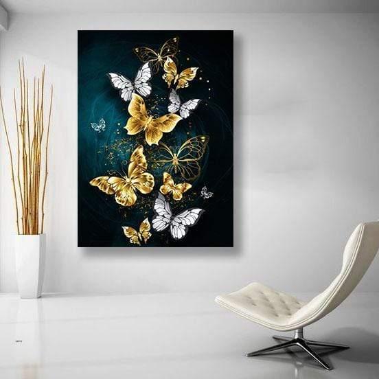 Yeni Stil Sanat Sim İşlemeli Tablolar Golden Butterfly - Simli Kanvas Tablo Altın Sim İşlemeli Kanvas Tablo